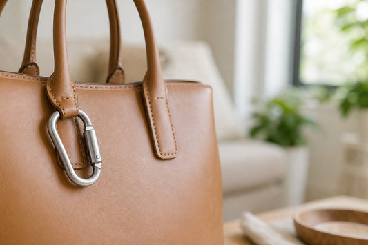 Photographie lifestyle : mousqueton métal accroché à une anse de sac en cuir, lumière naturelle, intérieur moderne flou.