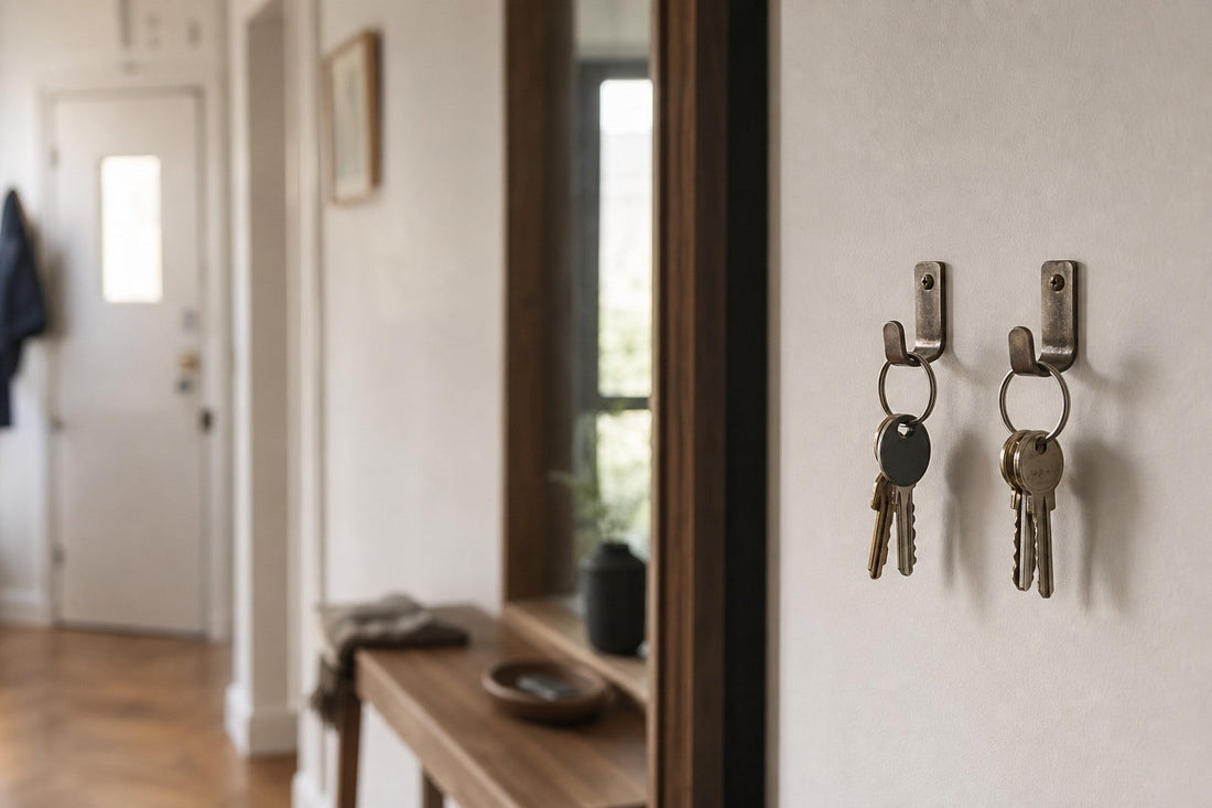 Entrée d’appartement : patères murales avec trousseaux accrochés, lumière naturelle douce.